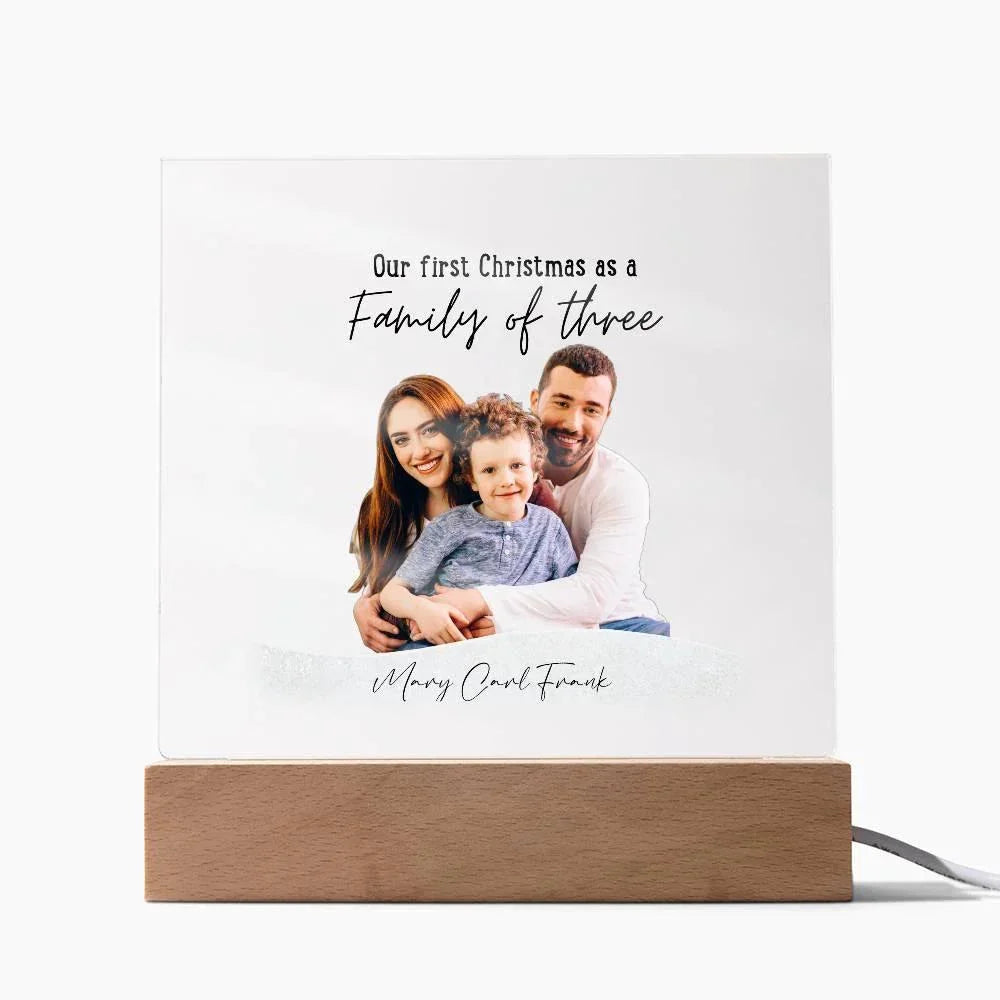 Family Acrylic Plaque – “Our First Christmas as a Family of…” | Custom Name & Family Size Light-Up Holiday Gift