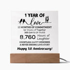 Anniversary Gift One Year of Love, Countless Happy Memories Acrylic Square Plaque with LED Wooden Base
