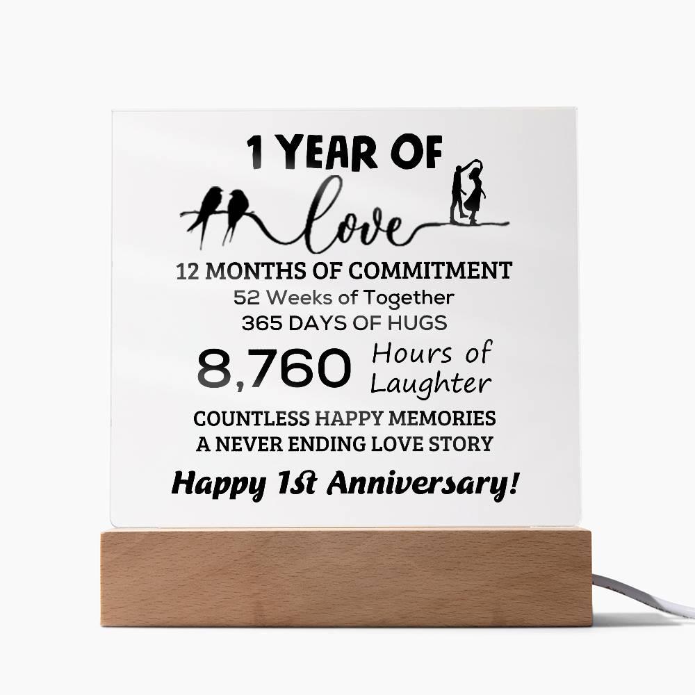 Anniversary Gift One Year of Love, Countless Happy Memories Acrylic Square Plaque with LED Wooden Base - Mallard Moon Gift Shop