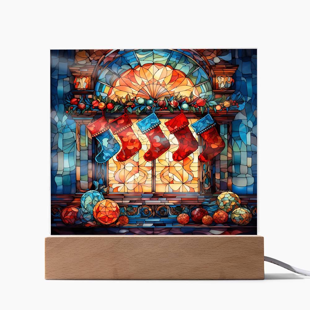 Stained Glass Christmas Stockings Acrylic Plaque with Lighted LED Wooden Base - Mallard Moon Gift Shop