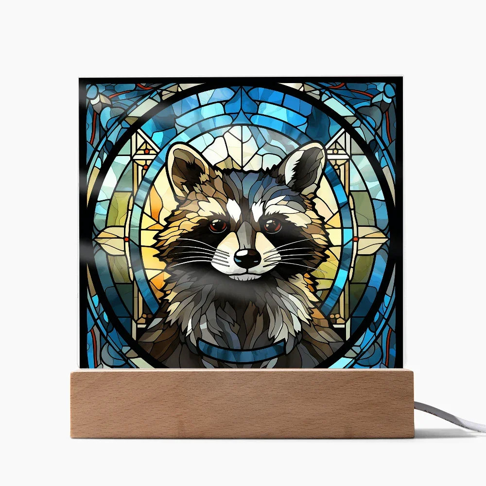Stained Glass Raccoon Acrylic LED Light Plaque – Custom Animal Art Gift with Wooden Base