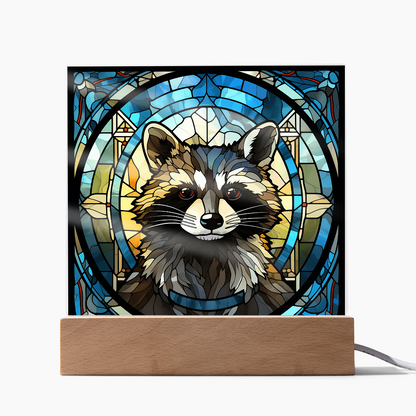 Stained Glass Raccoon Acrylic LED Light Plaque – Custom Animal Art Gift with Wooden Base - Mallard Moon Gift Shop