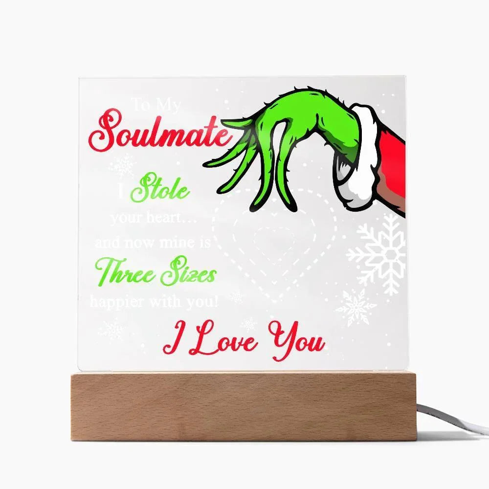 Soulmate Gift - Stole My Heart - Christmas Acrylic Plaque with Lighted LED Wooden Base