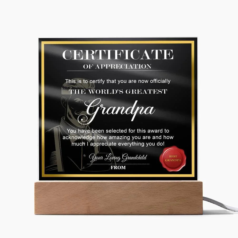 World’s Greatest Grandpa Certificate Acrylic Plaque – Personalized Appreciation Gift with LED Light Base