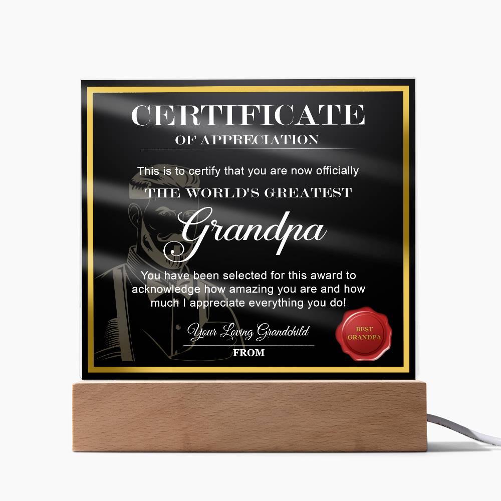 Certificate of Appreciation - The World's Greatest Grandpa Acrylic Plaque - Mallard Moon Gift Shop