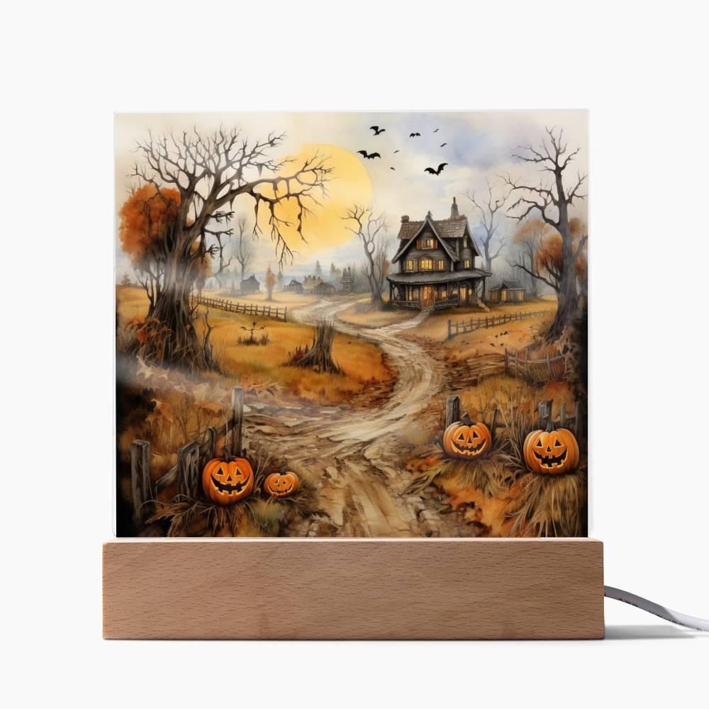 Haunted Elegance: Spooky Halloween Mansion Acrylic Square Plaque with LED Lighted Wooden Base - Mallard Moon Gift Shop
