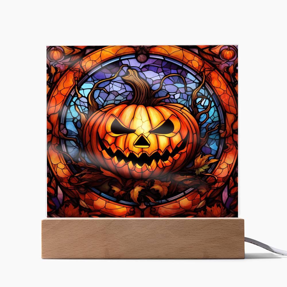 Halloween Pumpkin Stained-Glass Acrylic Square Plaque with LED Wooden Base - Mallard Moon Gift Shop