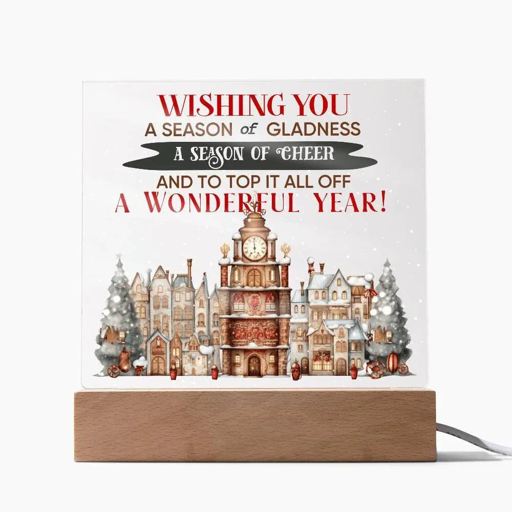 Wishing You a Season of Gladness Holiday Acrylic Plaque with Lighted LED Wooden Base