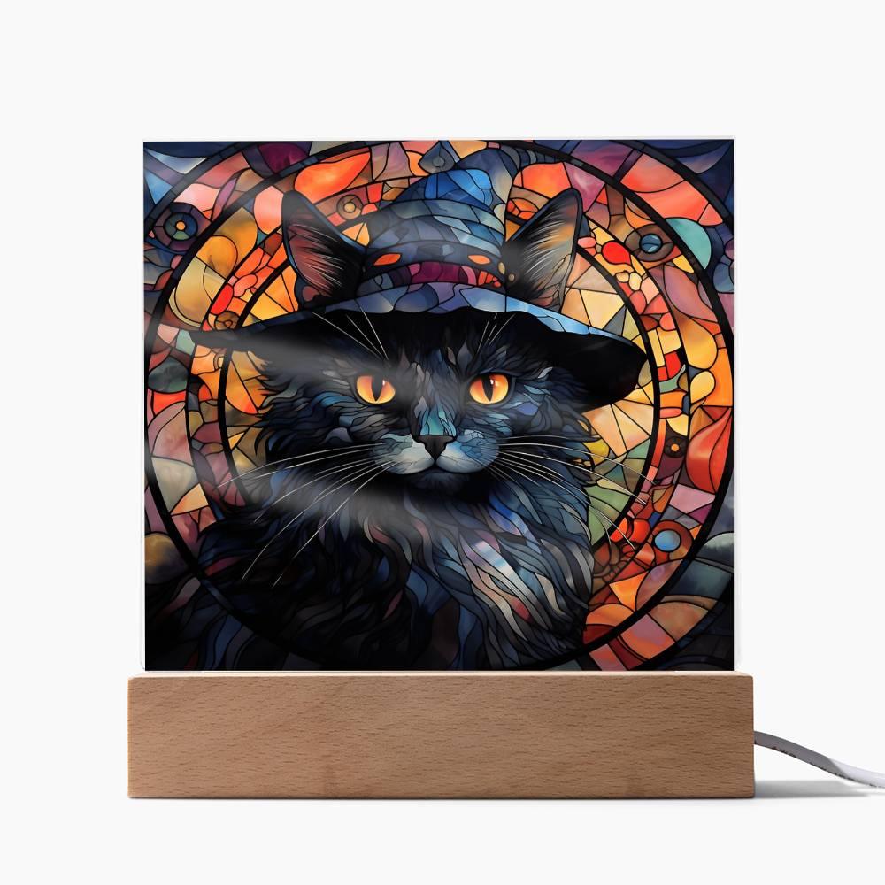 Halloween Decor - Spooky Black Cat Acrylic Square Plaque with LED Wooden Base - Mallard Moon Gift Shop