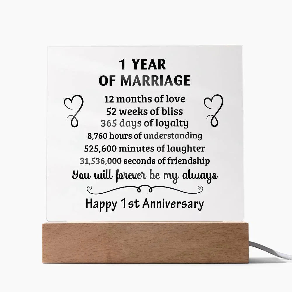 Anniversary Gift - One Year Of Marriage Acrylic Square Plaque with LED Wooden Base