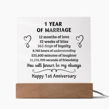 Anniversary Gift - One Year Of Marriage Acrylic Square Plaque with LED Wooden Base - Mallard Moon Gift Shop