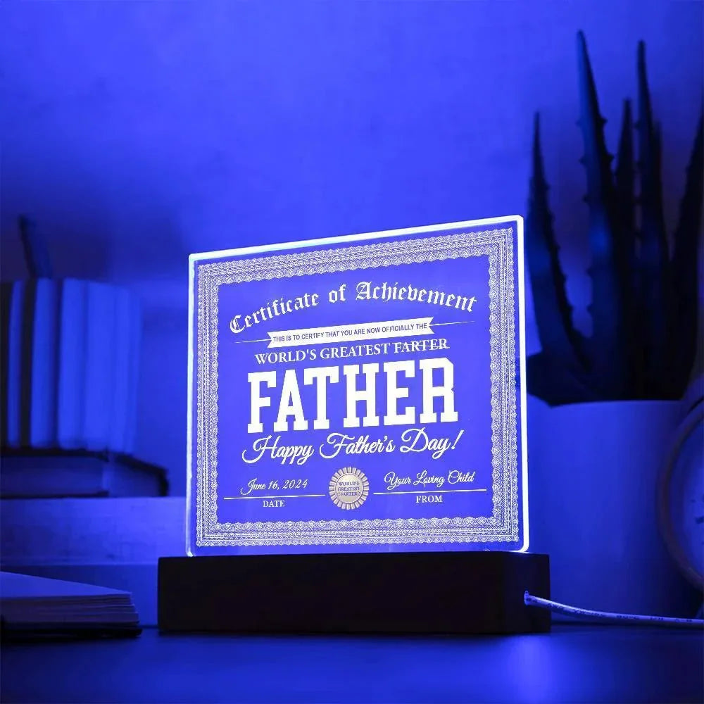 Funny Personalized Father's Day Gift "World’s Greatest Farter" Certificate Acrylic Plaque with LED Light Base