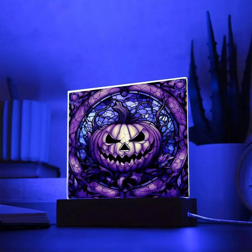 Halloween Pumpkin Stained-Glass Acrylic Square Plaque with LED Wooden Base