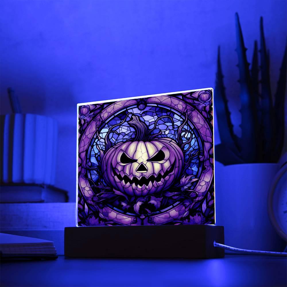 Halloween Pumpkin Stained-Glass Acrylic Square Plaque with LED Wooden Base - Mallard Moon Gift Shop