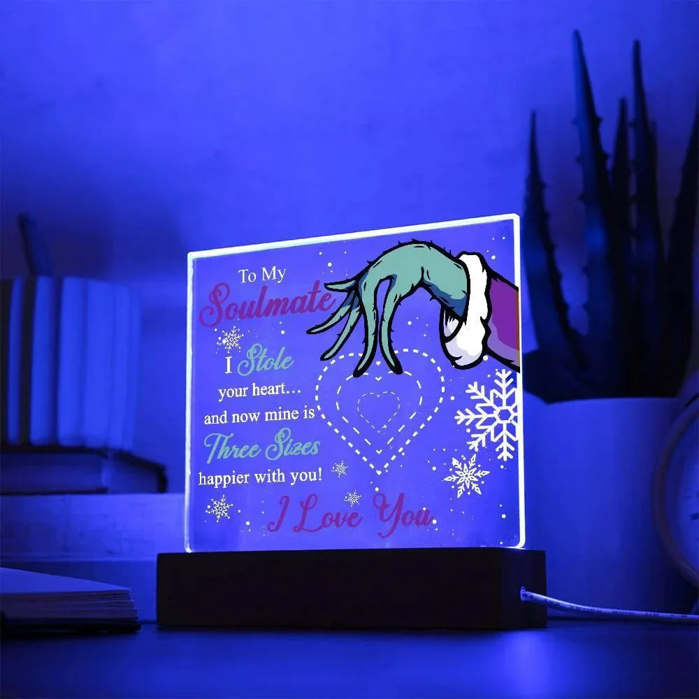 Soulmate Gift - Stole My Heart - Christmas Acrylic Plaque with Lighted LED Wooden Base