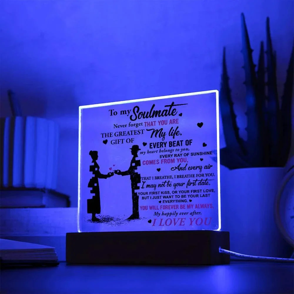 Soulmate - Every Beat of My Heart Acrylic Plaque with Lighted LED Wooden Base