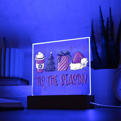 Tis The Season - Christmas Acrylic Plaque with Lighted LED Wooden Base - Mallard Moon Gift Shop