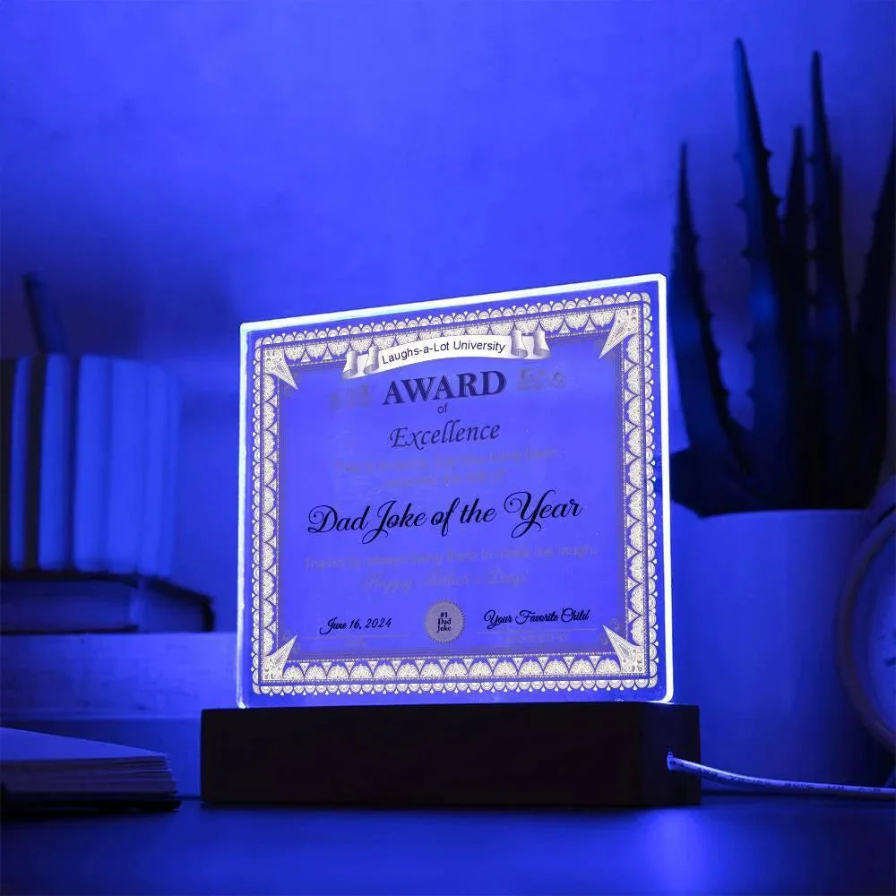 Gift for Dad Award of Excellence for Dad Joke of the Year Personalized Acrylic Plaque