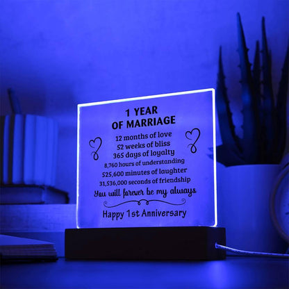Anniversary Gift - One Year Of Marriage Acrylic Square Plaque with LED Wooden Base - Mallard Moon Gift Shop