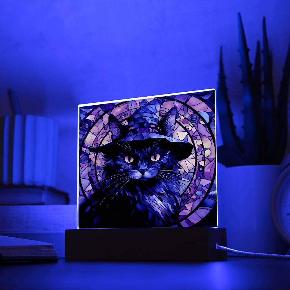 Halloween Decor - Spooky Black Cat Acrylic Square Plaque with LED Wooden Base - Mallard Moon Gift Shop