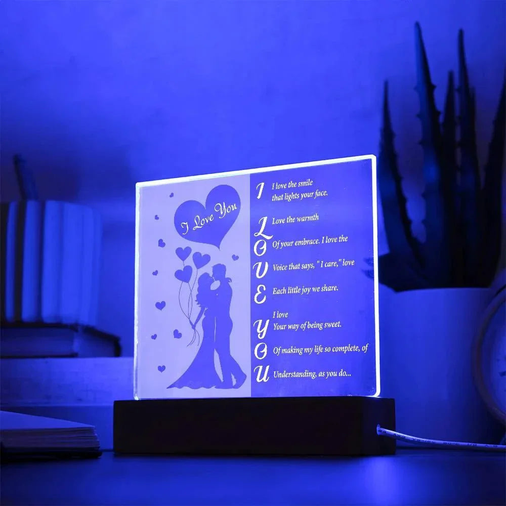 I Love You - Romantic Acrylic LED Plaque – Heartfelt Gift for Wife, Husband, or Partner | Illuminated Poem Keepsake