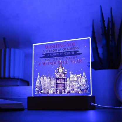 Wishing You a Season of Gladness Holiday Acrylic Plaque with Lighted LED Wooden Base - Mallard Moon Gift Shop