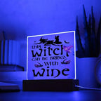 This Witch Can Be Bribed With Wine Halloween Acrylic Square Plaque with LED Wooden Base