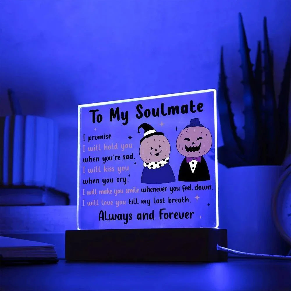 Soulmate - Love You Til My Last Breath Halloween Pumpkin with LED Lighted Wooden Base