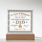 Personalized World's Greatest Dad Certificate – Custom Acrylic Plaque with Name & Date – Birthday, Father’s Day, or Any Occasion