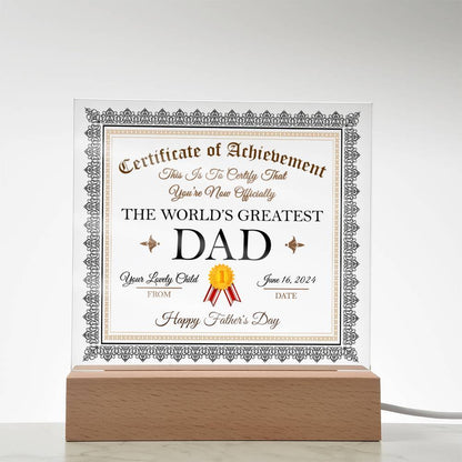 Father's Day Gift Certificate of Achievement for The World's Greatest Dad Personalized Acrylic Plaque - Mallard Moon Gift Shop