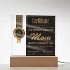 World's Greatest Mom Certificate LED Acrylic Plaque – Personalized Best Mom Award 2025 Mother's Day Gift
