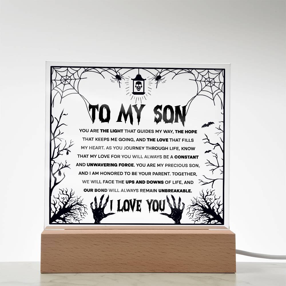 Son - Unwavering Force - Halloween Acrylic Square Plaque with LED Wooden Base - Mallard Moon Gift Shop