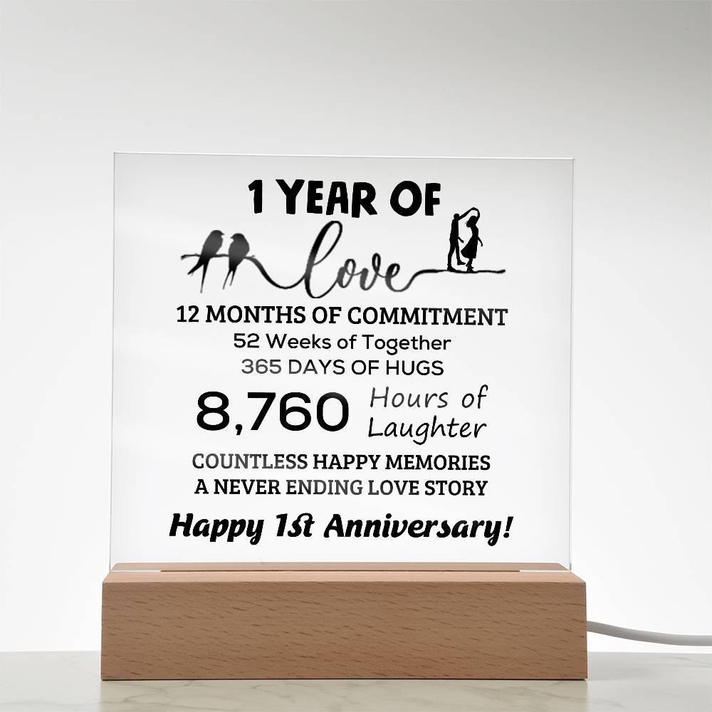 Anniversary Gift One Year of Love, Countless Happy Memories Acrylic Square Plaque with LED Wooden Base - Mallard Moon Gift Shop