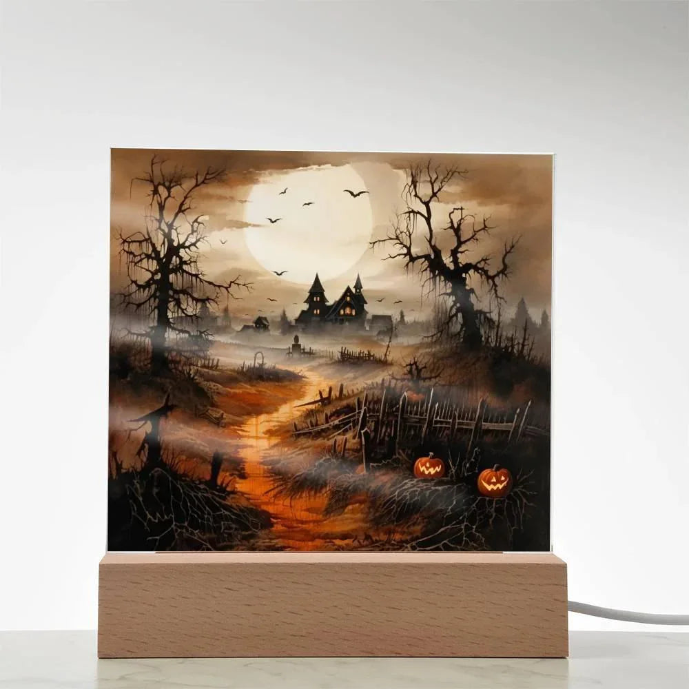 Eerie Elegance: Haunted Mansion Acrylic Halloween Plaque with LED Lighted Wooden Base