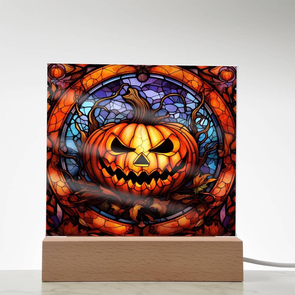 Halloween Pumpkin Stained-Glass Acrylic Square Plaque with LED Wooden Base - Mallard Moon Gift Shop