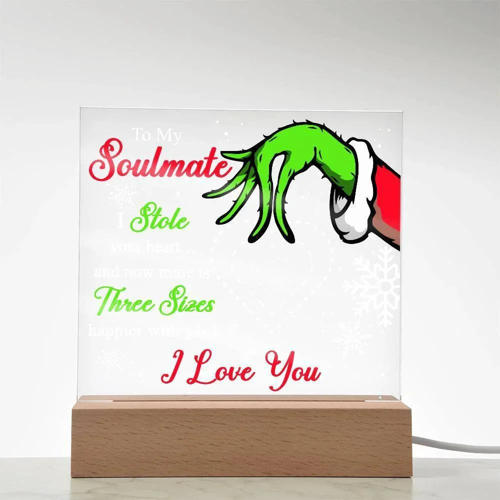 Soulmate Gift - Stole My Heart - Christmas Acrylic Plaque with Lighted LED Wooden Base