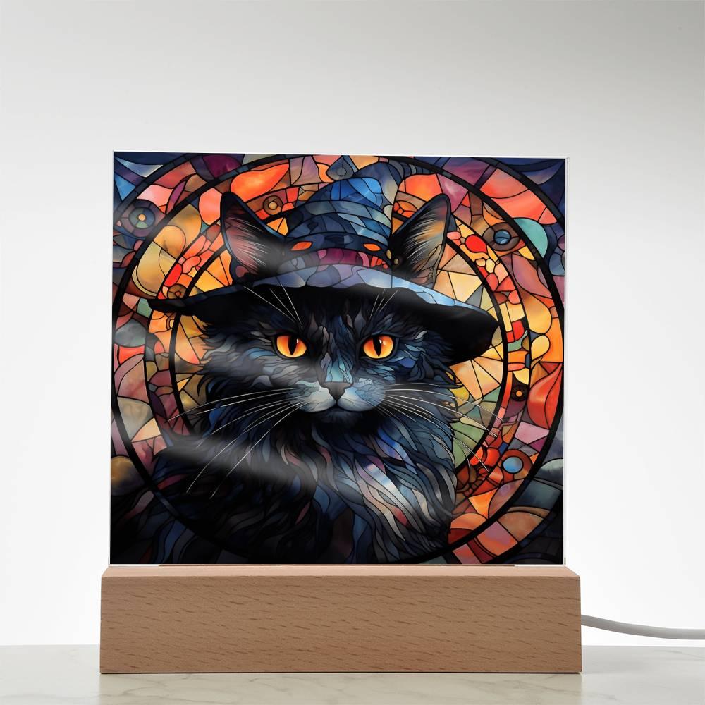 Halloween Decor - Spooky Black Cat Acrylic Square Plaque with LED Wooden Base - Mallard Moon Gift Shop