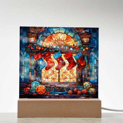 Stained Glass Christmas Stockings Acrylic Plaque with Lighted LED Wooden Base - Mallard Moon Gift Shop