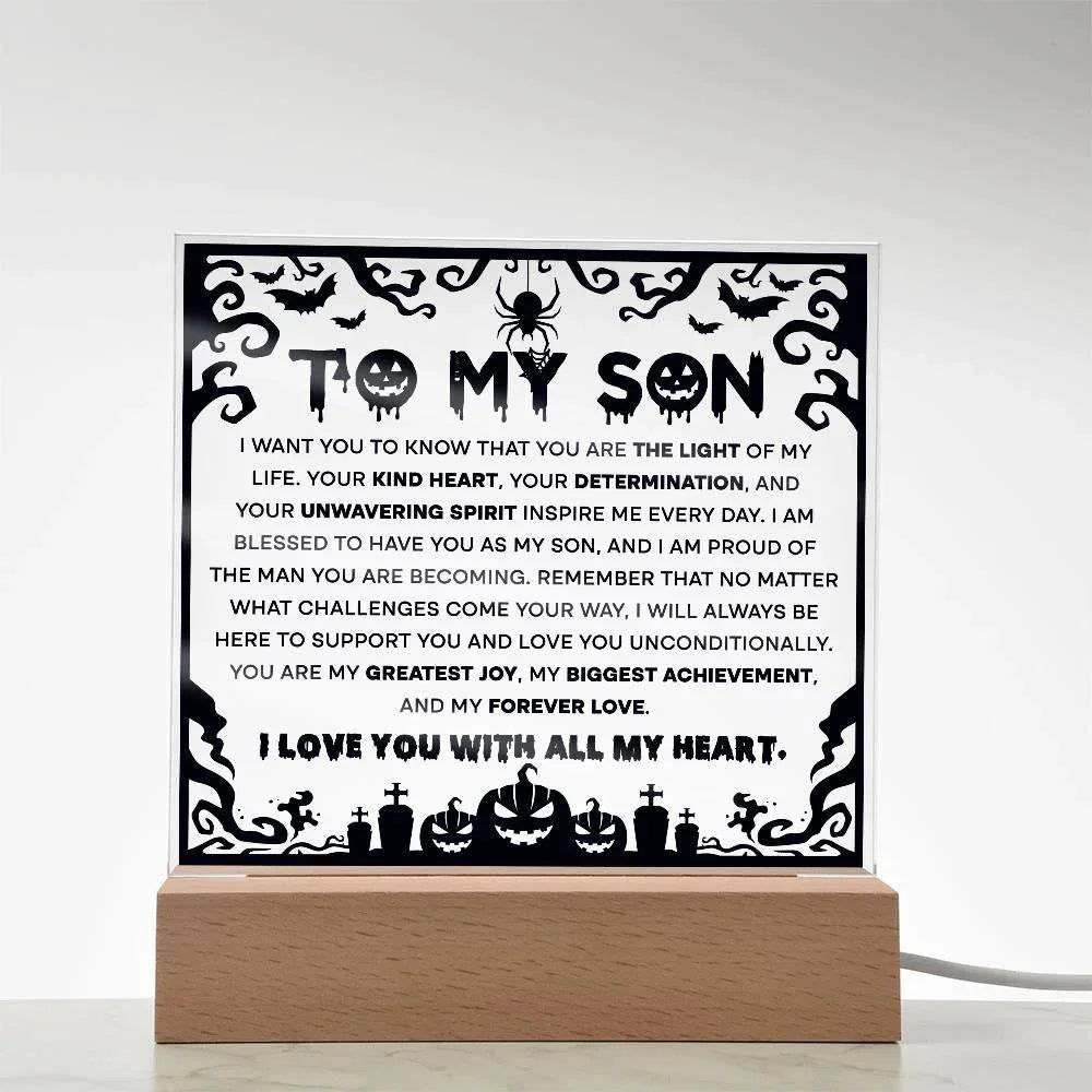 Son - Proudest Achievement - Halloween Acrylic Square Plaque with LED Wooden Base