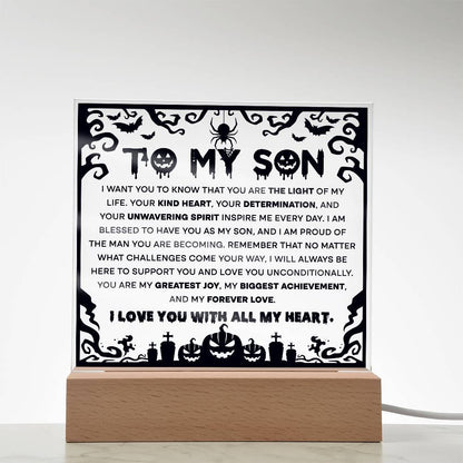 Son - Proudest Achievement - Halloween Acrylic Square Plaque with LED Wooden Base - Mallard Moon Gift Shop