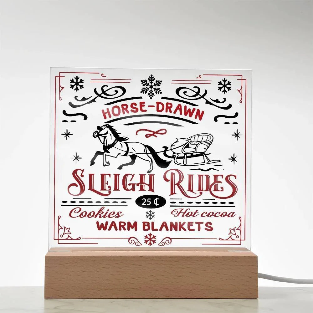 Christmas Horse Drawn Sleigh Rides Acrylic Square Plaque with LED Wooden Base