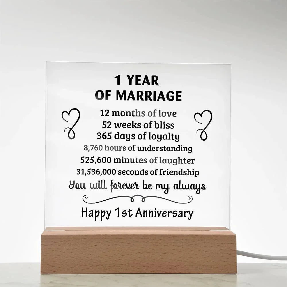 Anniversary Gift - One Year Of Marriage Acrylic Square Plaque with LED Wooden Base
