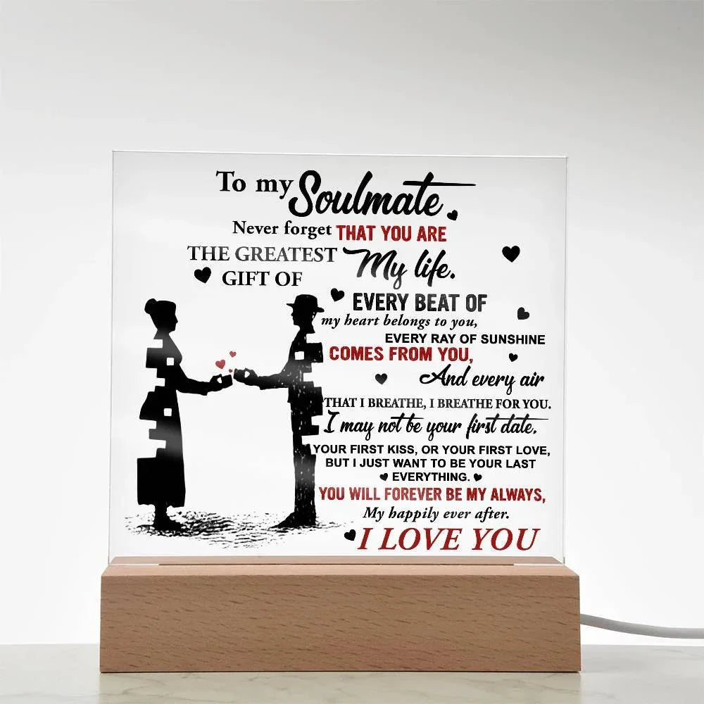 Soulmate - Every Beat of My Heart Acrylic Plaque with Lighted LED Wooden Base
