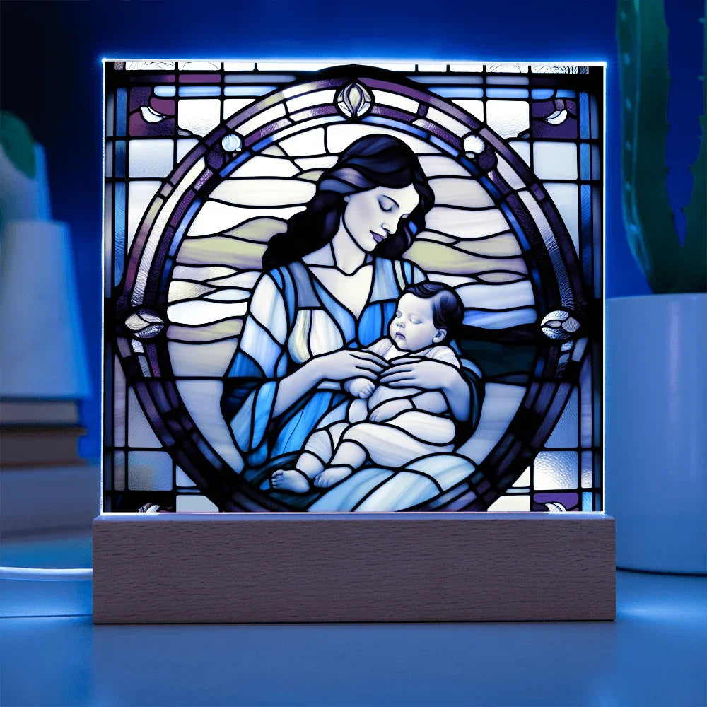 Brunette Mother and Baby - Stained Glass Style LED Acrylic Plaque – A Cherished Gift for Mother's Day or New Moms