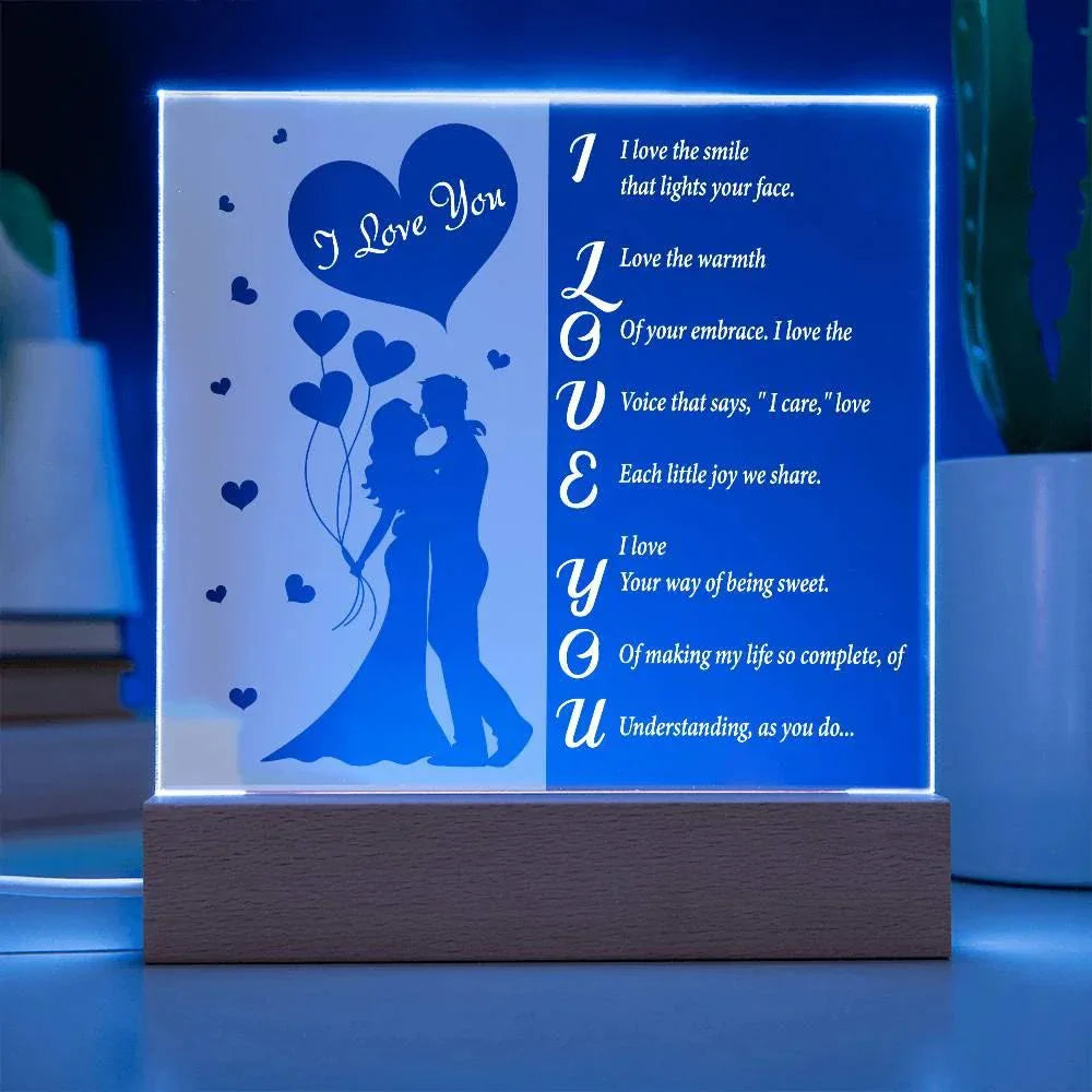 I Love You - Romantic Acrylic LED Plaque – Heartfelt Gift for Wife, Husband, or Partner | Illuminated Poem Keepsake