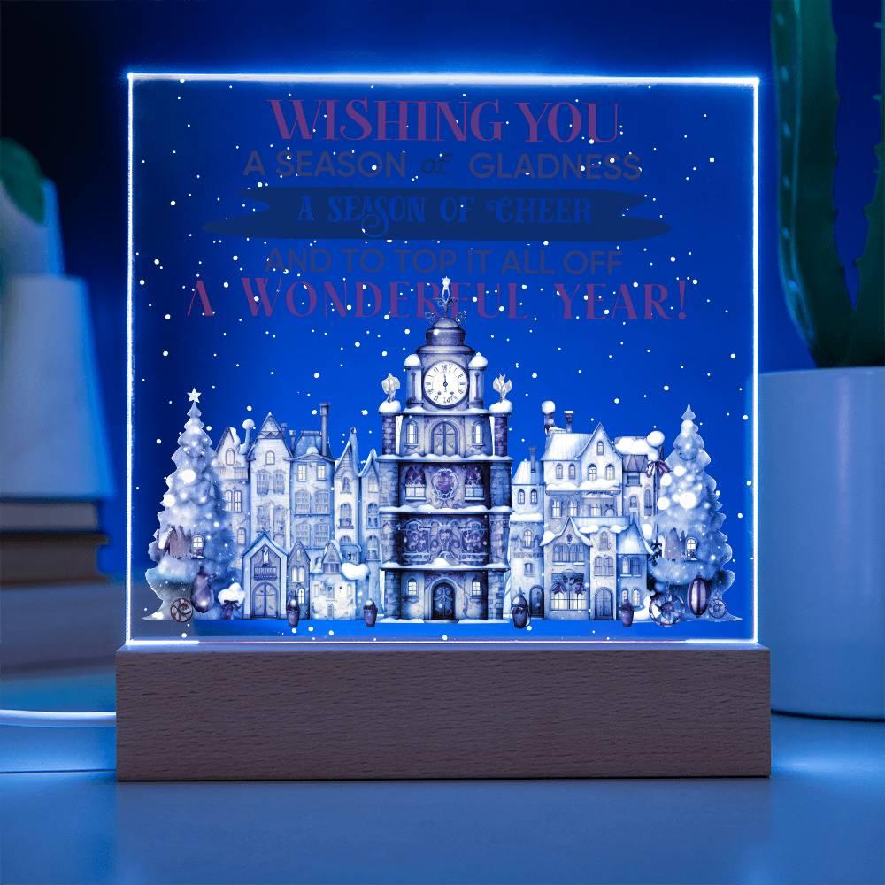 Wishing You a Season of Gladness Holiday Acrylic Plaque with Lighted LED Wooden Base - Mallard Moon Gift Shop