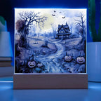 Haunted Elegance: Spooky Halloween Mansion Acrylic Square Plaque with LED Lighted Wooden Base