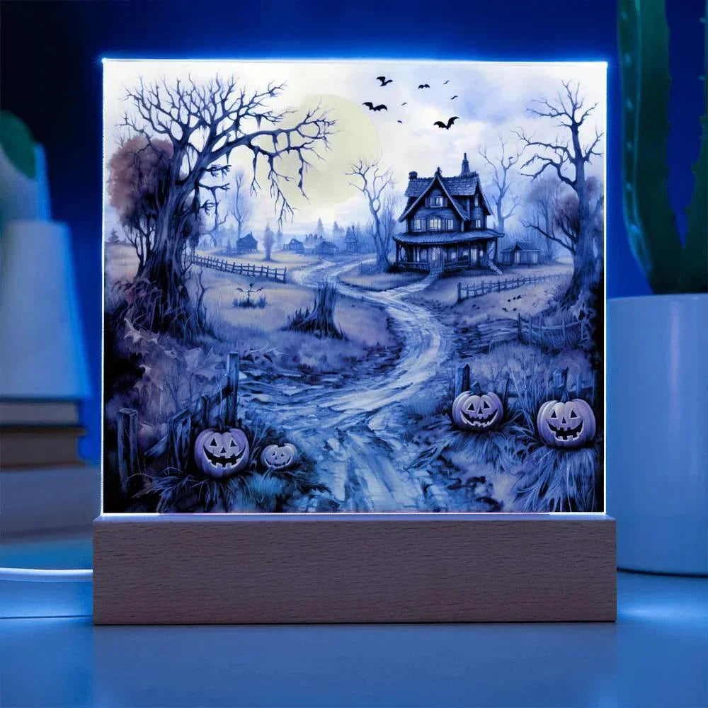 Haunted Elegance: Spooky Halloween Mansion Acrylic Square Plaque with LED Lighted Wooden Base