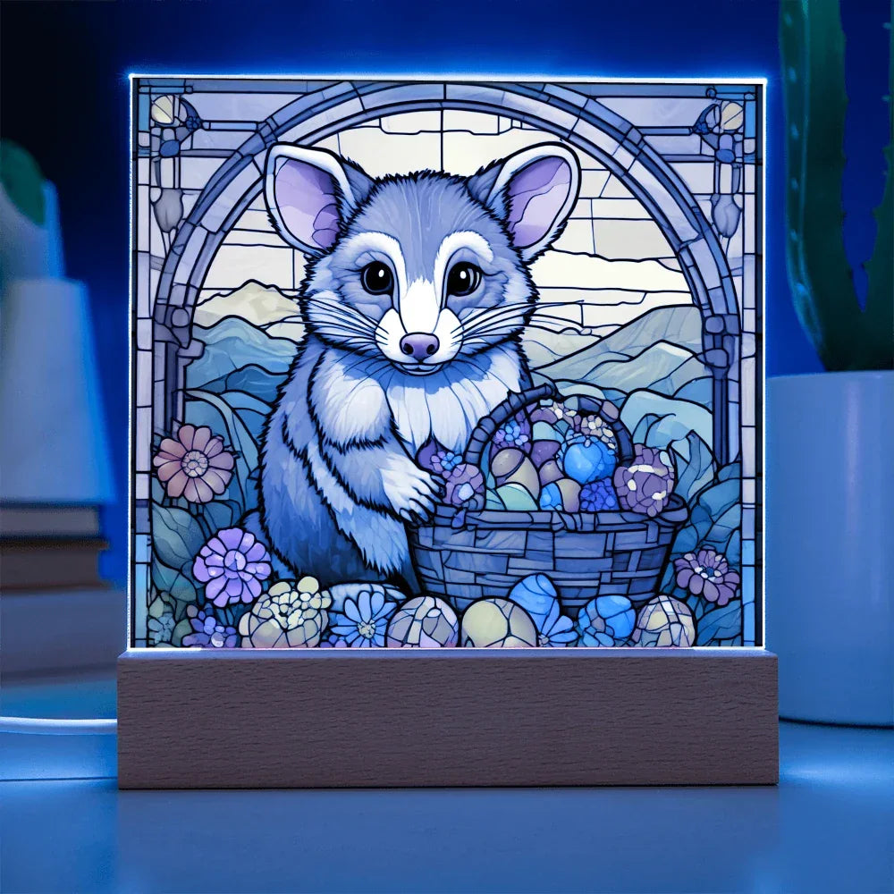 Possum LED Acrylic Plaque, Night Light – Spring Flowers & Easter Egg Basket – Wooden Base (Battery or Corded)