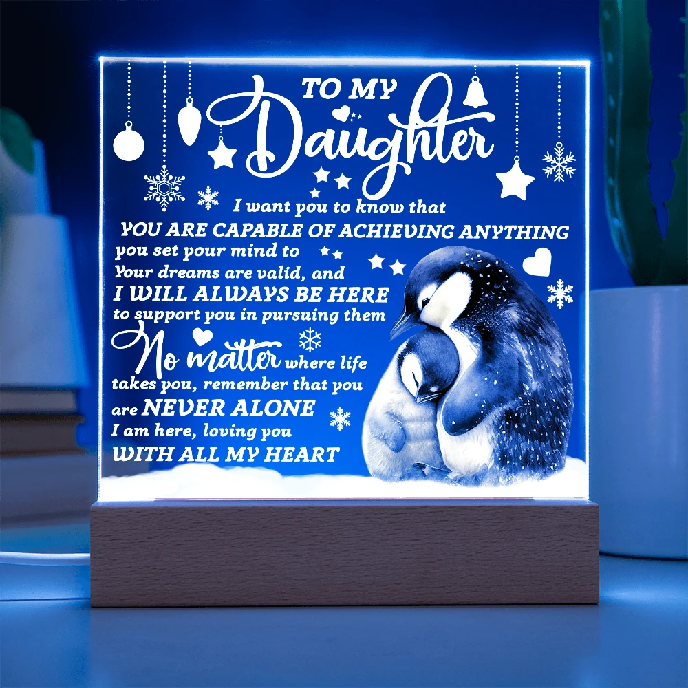 Daughter Penguin Acrylic Plaque – Heartfelt Christmas or Birthday Gift from Mom or Dad | “You Are Capable” LED Light Display